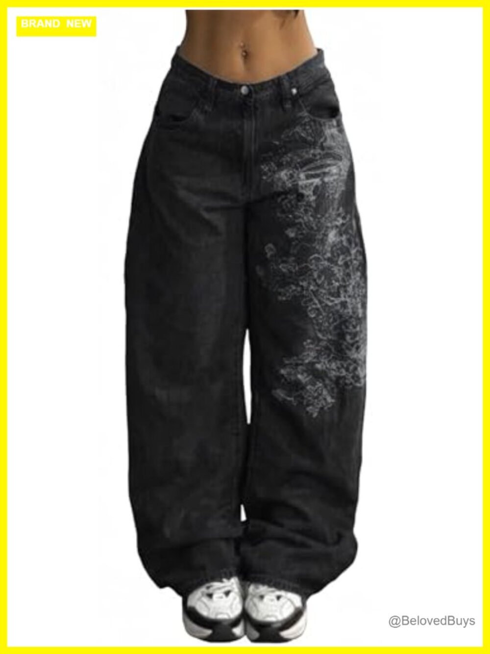 Women's Baggy Y2K Grunge Gothic Print Denim Jeans Mid Rise Barrel